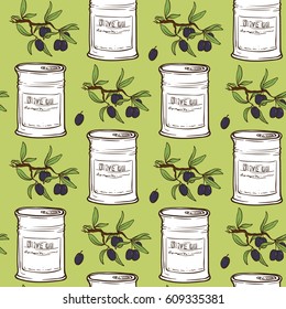 Hand Drawn doodle style Olive Oil Seamless Pattern with olive tree branches, olive oil cans and olives. EPS10 vector illustration.