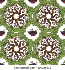 Hand Drawn doodle style Olive Oil Seamless Pattern With Sketch Olive Trees, and bowls of olives arranged in regular cellular shape . EPS10 vector illustration.