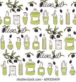 Hand Drawn doodle style Olive Oil Seamless Pattern with various types of olive oil package. EPS10 vector illustration.