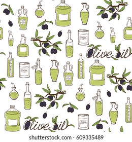 Hand Drawn doodle style Olive Oil Seamless Pattern with various types of olive oil package. EPS10 vector illustration.