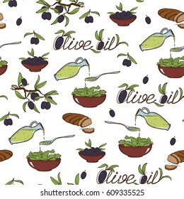 Hand Drawn doodle style Olive Oil Seamless Pattern With Sketch Olive Tree branches, olive oil jug, bowl of leaf salad ald loaf of bread. EPS10 vector illustration.