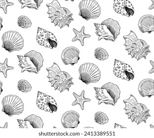 hand drawn doodle style pattern of seashells