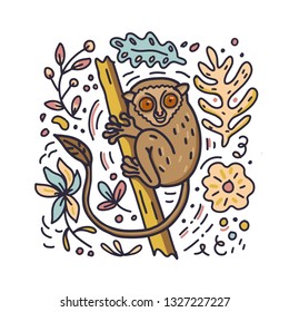 Hand drawn doodle style Philippine Tarsier with flowers and leaves elements. Vector illustration.