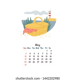 Hand drawn doodle style picnic basket on the beach near the lighthouse. Spring or summer vacation. Calendar page template. Stock vector