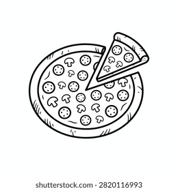 Hand drawn doodle style pizza pie with a single slice removed on a white background