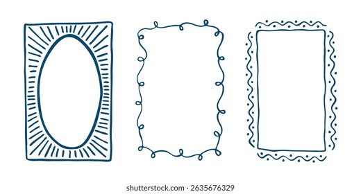 Hand drawn doodle style rectangular and oval border frames with various patterns for decorative design elements, isolated on white background, vector illustration.
