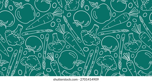Fondo de pantalla de fondo repetitivo de estilo doodle dibujado a mano con zanahoria, espárragos, tomate, manzana y coliflor para el estilo de vida vegano