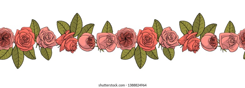 Hand drawn doodle style rose flowers seamless brush. floral design element. rose endless border isolated on white background. stock vector illustration