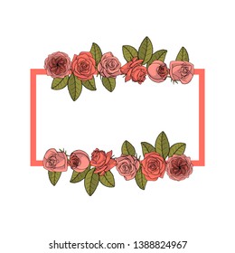 Hand drawn doodle style rose flowers border and frame. floral design element. isolated on white background. stock vector illustration