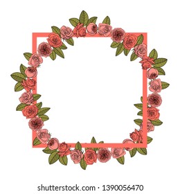Hand drawn doodle style rose flowers wreath around square frame. floral design element. isolated on white background. stock vector illustration