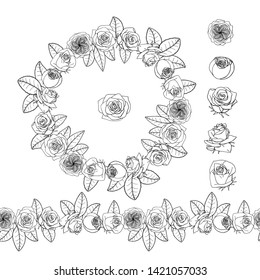 Hand drawn doodle style rose flowers wreath and seamless brush. vintage floral design element. isolated on white background. stock vector illustration.