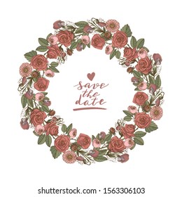 Hand drawn doodle style rustic floral wreath. Boho wedding decoration. Save the date lettering. Isolated on white background. Stock vector illustration.