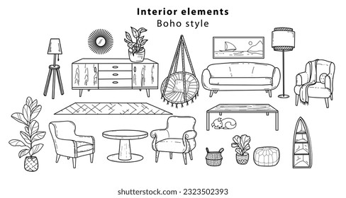 Hand drawn in doodle style, Scandinavian furniture Interior elements Boho style. Cozy home environment for the living room. Vector illustration