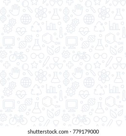 Hand drawn doodle style science pattern. Seamless texture of science symbols, equipment and icons. Subtle white background, vector illustration.