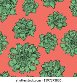 Hand drawn doodle style seamless pattern with common houseleek, Sempervivum tectorum succulents. pink background. stock vector illustration