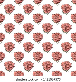 Hand drawn doodle style seamless pattern with pink roses. white background. stock vector illustration