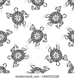 Hand drawn doodle style seamless pattern with black turtle on the white background. Vector illustration for wrapping, wallpaper or textile design.
