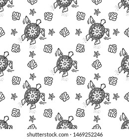 Hand drawn doodle style seamless pattern with black turtle, sea stars and shells on the white background. Vector illustration for wrapping, wallpaper or textile design.