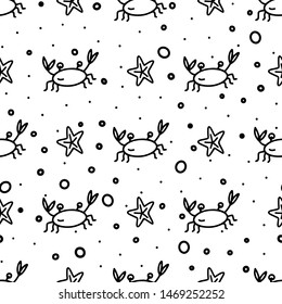 Hand drawn doodle style seamless pattern with black crabs, sea stars and water bubbles on the white background. Vector illustration for wrapping, wallpaper or textile design.