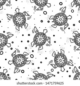 Hand drawn doodle style seamless pattern with black turtle and water bubbles on the white background. Vector illustration for wrapping, wallpaper or textile design.