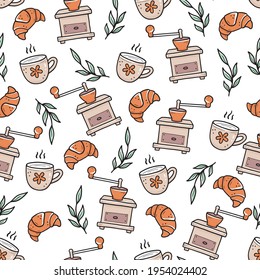 Hand drawn doodle style seamless vector pattern of croissants and cups of coffee near vintage grinders and leaves