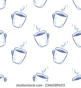 Diseño De Patrón Impresionante Con Estilo De Doodle De Mano. Coffee caliente o Tea Mug Doodle Style Elemento de diseño con vapor volador. Ilustración de taza de bebidas calientes. Pintura de la pluma azul. Textura de la copa caliente al vapor.