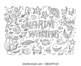 Hand drawn doodle style set of vector illustrations marine inhabitans.