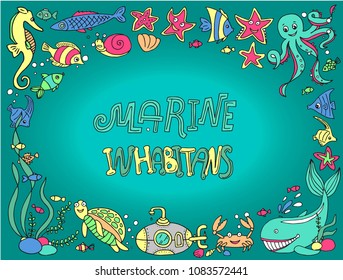 Hand drawn doodle style set of vector illustrations marine inhabitans.