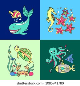 Hand drawn doodle style set of vector illustrations marine inhabitans.