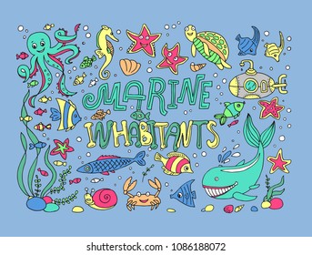 Hand drawn doodle style set of vector illustrations marine inhabitants.