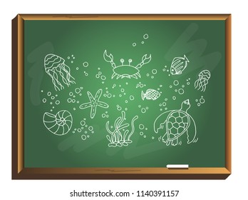 Hand drawn doodle style set of vector illustrations marine inhabitants on chalkboard. Marine sea animals life pattern. Underwater fauna.