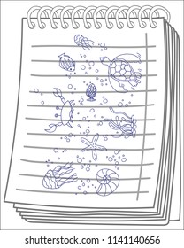 Hand drawn doodle style set of vector illustrations marine inhabitants on notebook background. Marine sea animals life pattern. Underwater fauna.