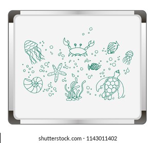 Hand drawn doodle style set of vector illustrations marine inhabitants on flip chart background. Marine sea animals life pattern. Underwater fauna.