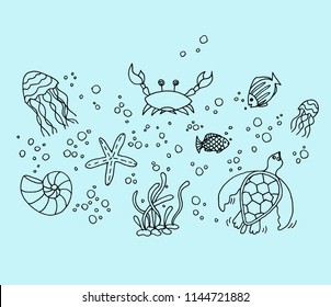 Hand drawn doodle style set of vector illustrations marine inhabitants on blue background. Marine sea animals life pattern. Underwater fauna.