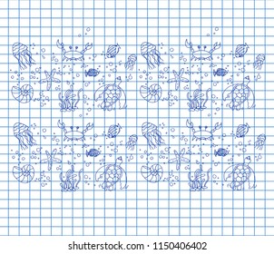 Hand drawn doodle style set of vector illustrations marine inhabitants on copybook background. Marine sea animals life pattern. Underwater fauna.
