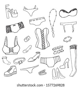 Hand drawn doodle style set of woman lingerie and accessories: shoes, rings, necklace, socks, bracers, stockings. Vector illustration. Black outlines isolated on white background.