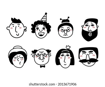 Hand drawn doodle style set of human faces. Portraits of various men and women. Trendy black and white vector illustrations.