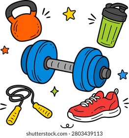 Hand drawn doodle style set of fitness and gym equipment including dumbbell, kettlebell, shaker, jump rope, and sneaker, isolated on white background.