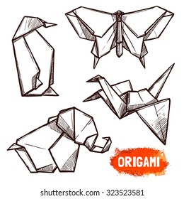 Hand drawn doodle style set of 4 origami figures penguin butterfly elephant swan isolated vector illustration