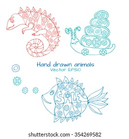 Hand drawn doodle style set with  fish, chameleon and snail with mechanic details inside. Robot animals. Colored sketch. Kids cartoon style. Vector stock illustration. Coloring book template. 