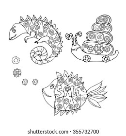 Hand drawn doodle style set with  fish, chameleon and snail with mechanic details inside. Robot animals. Black and white sketch. Kids cartoon style. Vector stock illustration. Coloring book template. 