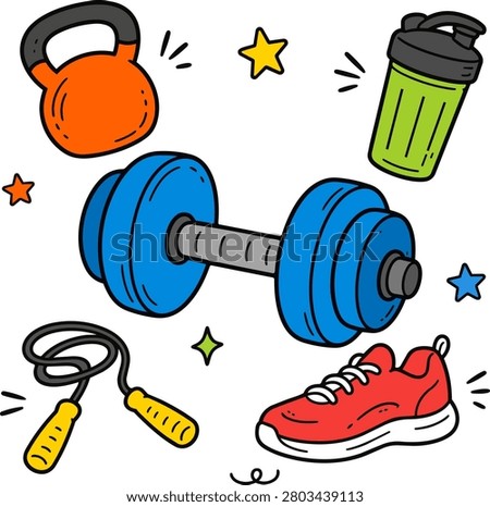 Hand drawn doodle style set of fitness and gym equipment including dumbbell, kettlebell, shaker, jump rope, and sneaker, isolated on white background.