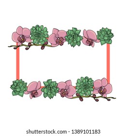 Hand drawn doodle style succulent and orchid flowers rectangle,wreath. floral design element. isolated on white background. stock vector illustration