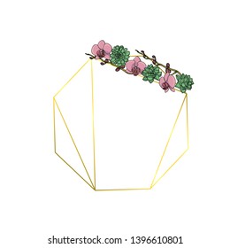 Hand drawn doodle style succulent and orchid flower wreath with polygonal garland, vintage geometric frame, floral design element. isolated on white background. stock vector illustration