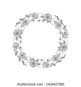 Hand drawn doodle style succulent and orchid flowers 
wreath. floral design element. isolated on white background. stock vector illustration