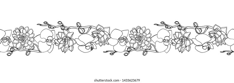 Hand drawn doodle style succulent and orchid flowers 
seamless brush, endless border. floral design element. isolated on white background. stock vector illustration