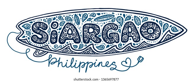 Hand drawn doodle style surfboard with surfing elements at sign Siargao island, Philippines isolated on white background