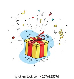 Hand drawn Doodle Style Surprise Gift with Confetti and doodle lines. Holiday, Birthday Big Sale or Prize Concept Design element or card banner template.