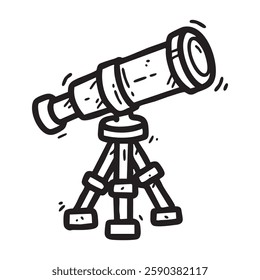 Hand drawn doodle style telescope icon on a tripod. Perfect for astronomy, space exploration, and educational content. Simple, black and white design suitable for various uses.