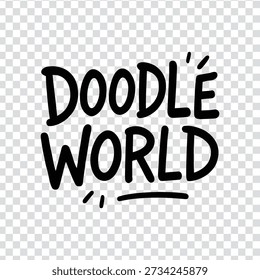 Un texto de estilo doodle dibujado a mano que dice 'Doodle World' sobre un fondo a cuadros